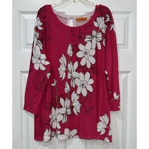 Women’s Floral Rayon Blend 3/4 Sleeve Tunic Top‎ Pink White Size Large